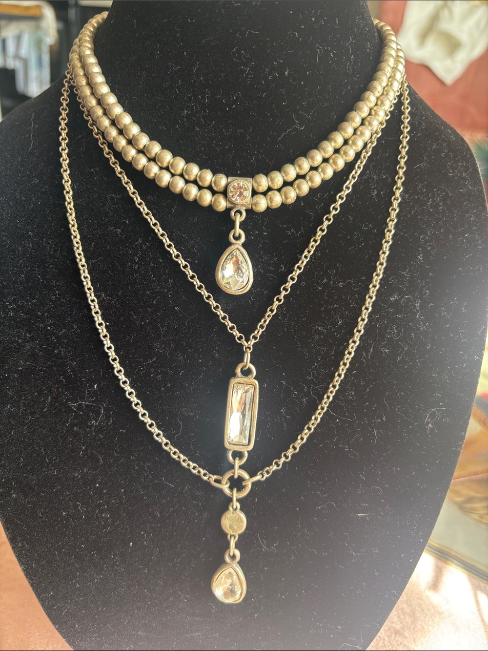 Elegant Gold-Tone Layered Necklace with Crystal Drops